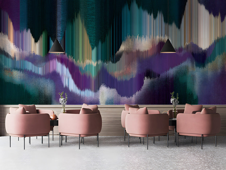 Glitch art mural installed behind a modern minimalist sofa in a moody cafe.