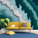 Sophisticated entryway lounge area with dark, textured oceanic abstract wall mural design.