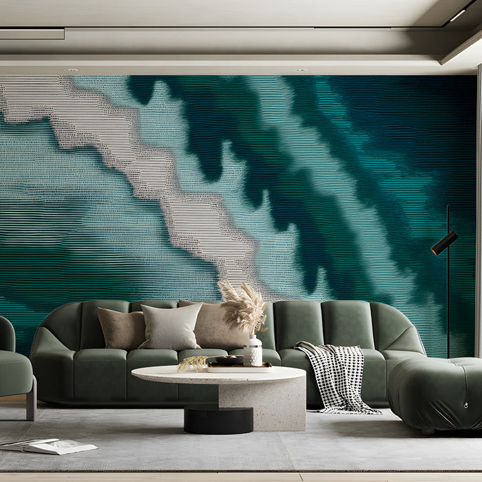 Moody living room featuring abstract teal wave wallpaper behind a dark wood executive desk.