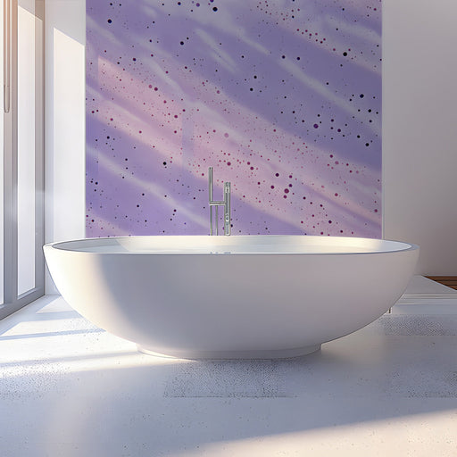 Lilac brushstroke mural behind a cozy bed in a modern bathroom