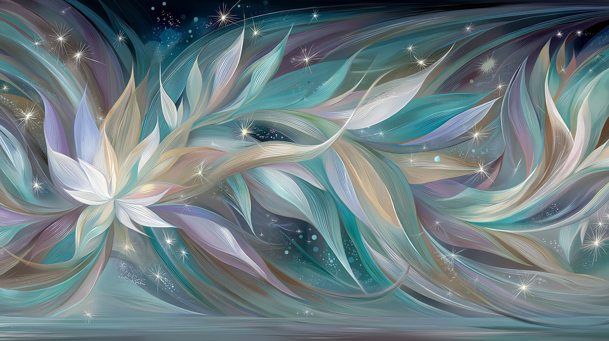 Ethereal wallpaper pattern with swirling teal, lavender, and beige floral petals and star-like light bursts.
