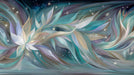 Ethereal wallpaper pattern with swirling teal, lavender, and beige floral petals and star-like light bursts.