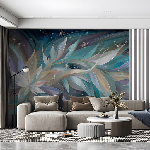 Commercial space wall featuring the ethereal floral swirl mural in a calming, dreamy sleeping space.