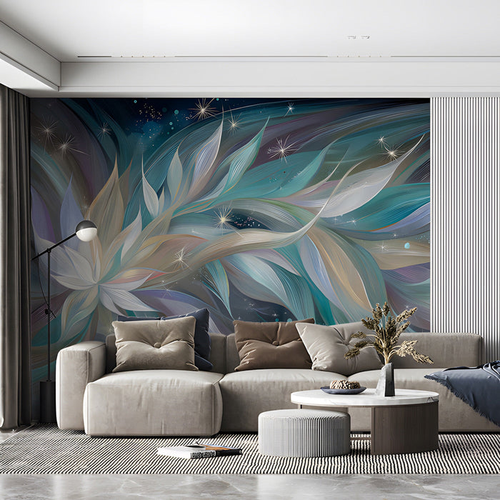 Commercial space wall featuring the ethereal floral swirl mural in a calming, dreamy sleeping space.