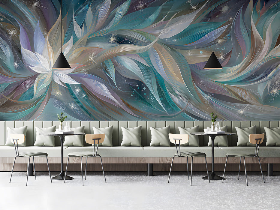 Modern cafe interior with swirling celestial floral wallpaper behind a wooden desk setup.