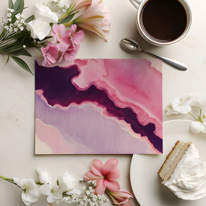 Sophisticated bedroom interior featuring an abstract painterly mural in shades of plum and soft pink