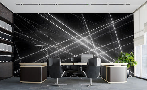 Modern office wall featuring a striking monochrome line mural design