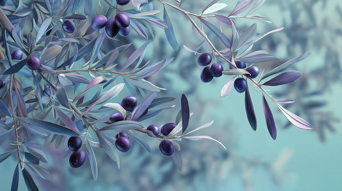Macro detail of deep violet olives on slate blue leaves with a soft, blurred cyan background.