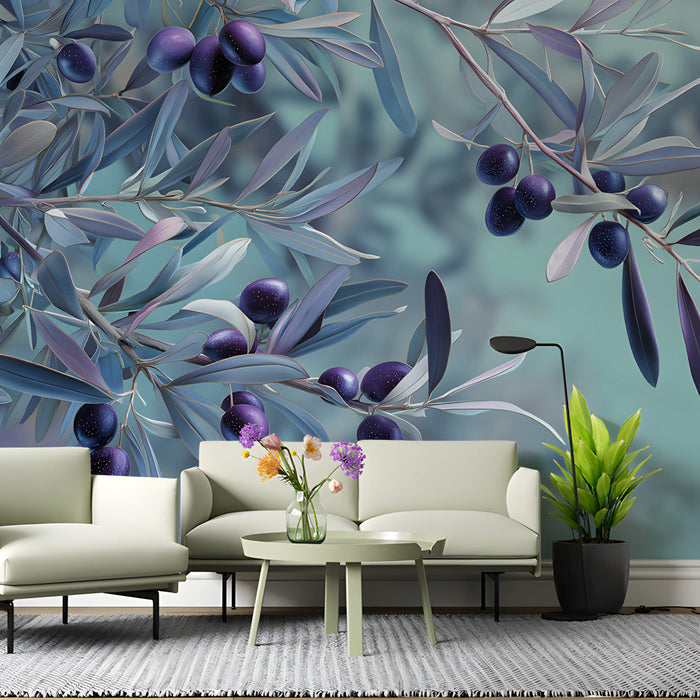 Minimalist living area with the blue and violet olive branch wallpaper as an accent wall.