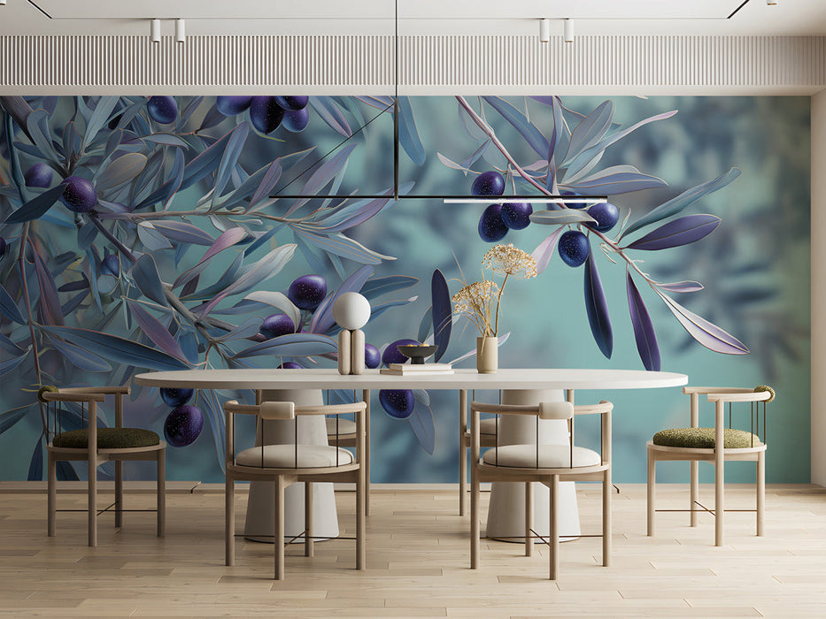 Meeting room featuring the olive branch mural behind a velvet sofa in soft neutral colors.