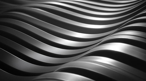 Abstract wallpaper featuring flowing charcoal and silver 3D waves with a metallic finish.