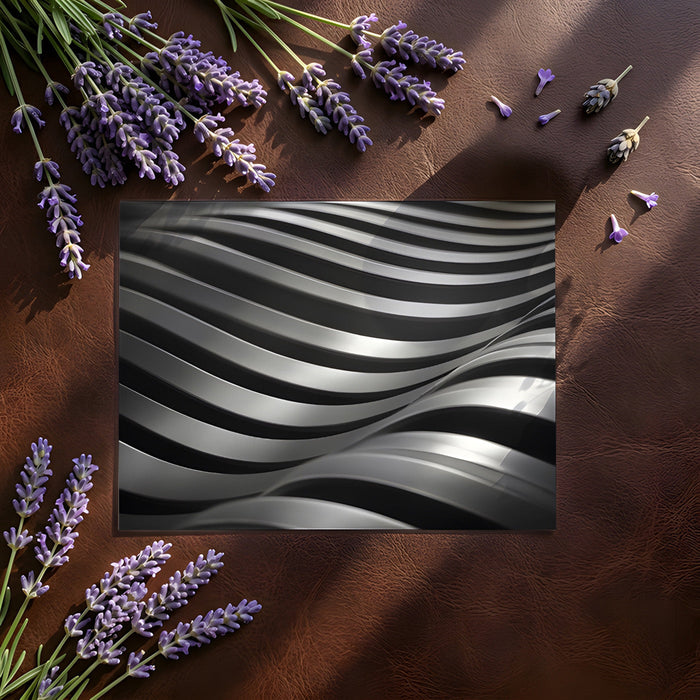 A contemporary living room interior with a monochromatic wave mural as a focal wall.