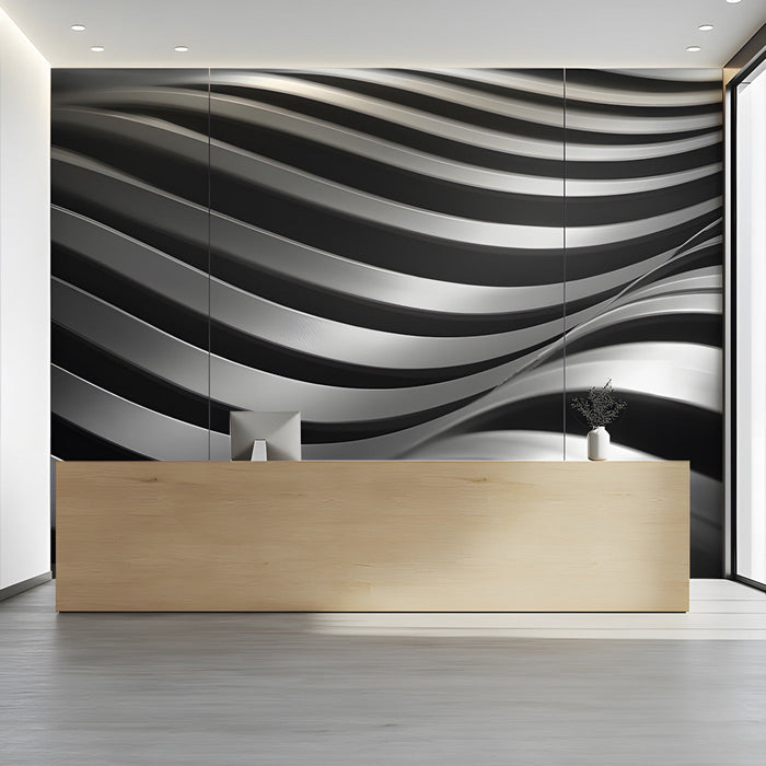 A minimalist reception featuring the sculptural wave pattern in dark shades on the headboard wall.