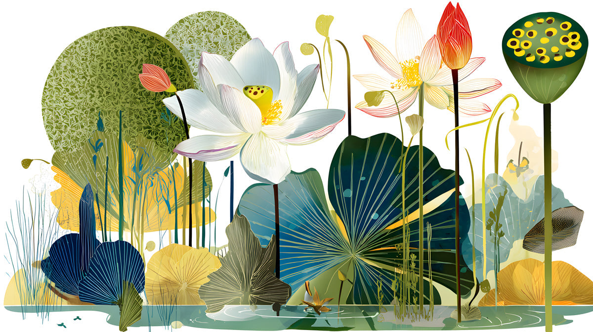 Modern botanical mural featuring white lotus flowers, indigo leaves, and ochre seed pods on a clean white background