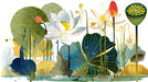 Modern botanical mural featuring white lotus flowers, indigo leaves, and ochre seed pods on a clean white background