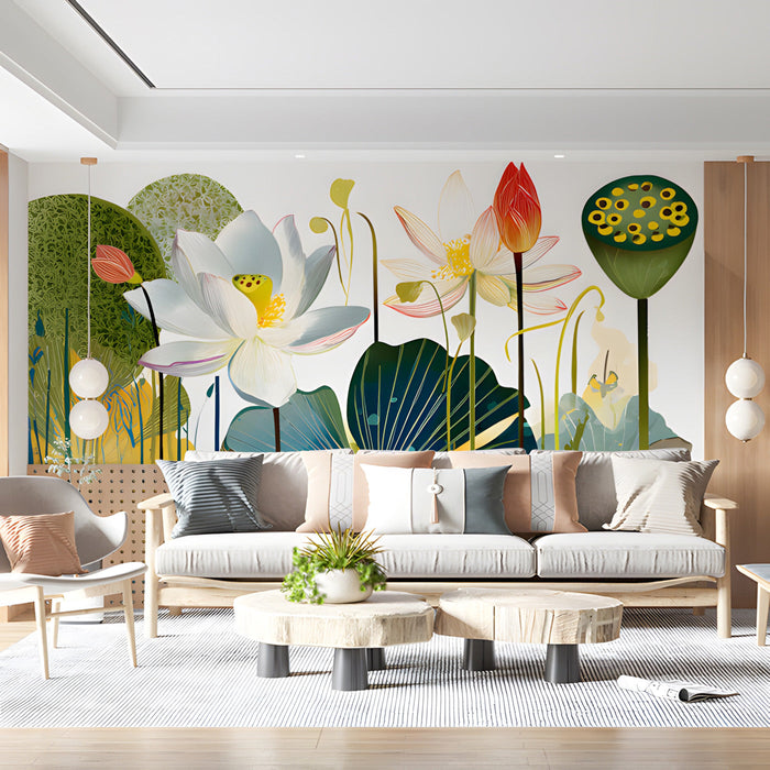 Vibrant garden motif wallpaper applied to a living room wall behind a velvet sofa