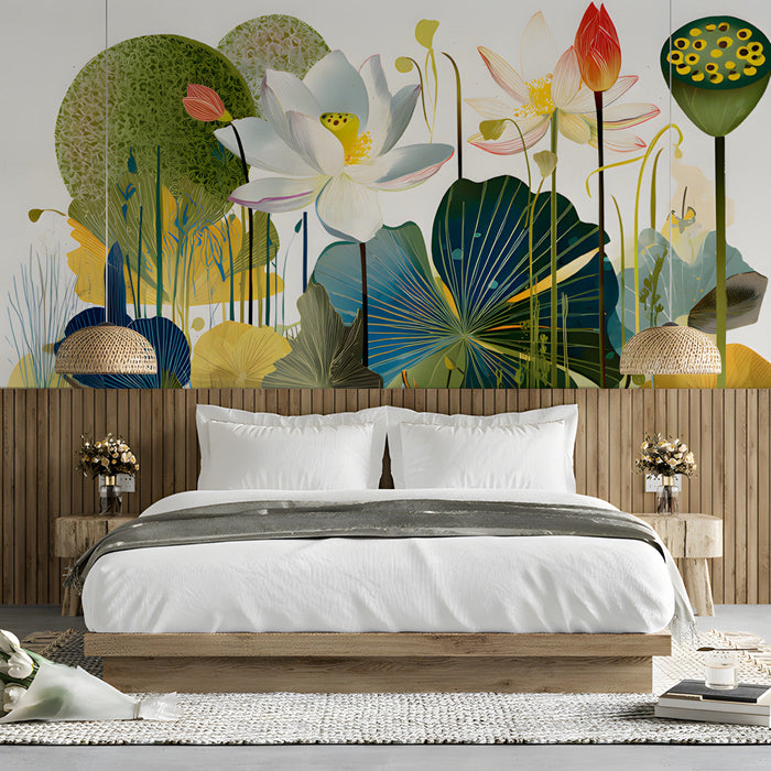 Lotus pond botanical wallpaper installed in a modern bedroom with light wood furniture