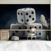 Man cave interior with white dice mural and ambient recessed lighting