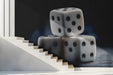 Modern hallway wall featuring a large dice mural behind a sleek bar setup