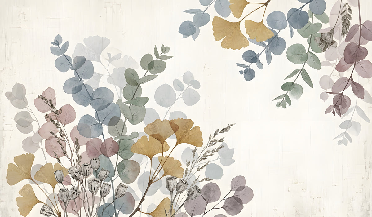 Botanical mural featuring watercolor ginkgo leaves in ochre, sage eucalyptus, and mauve accents on a creamy textured background.