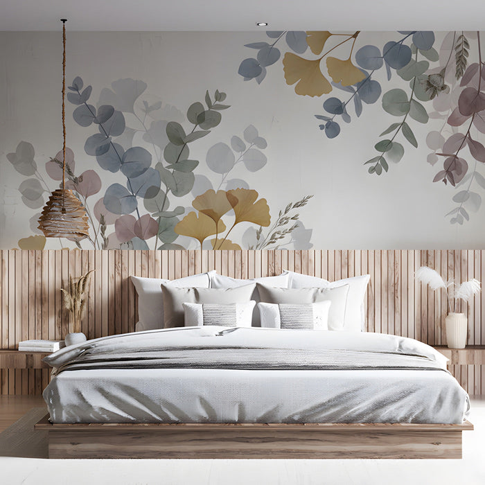 A cozy, light-filled bedroom area featuring a neutral ginkgo and eucalyptus wall mural that complements wood textures.