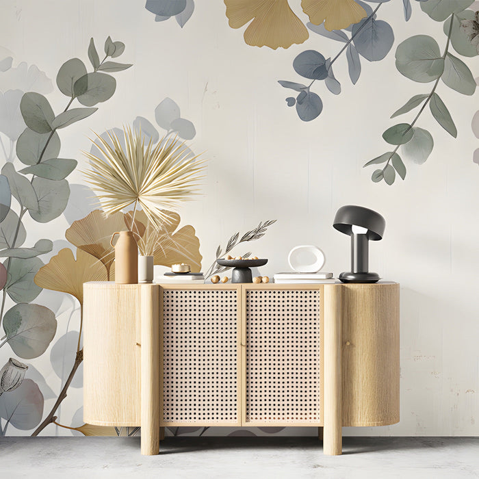 A bright entryway wall featuring a delicate botanical ginkgo and eucalyptus mural as a soft headboard feature.