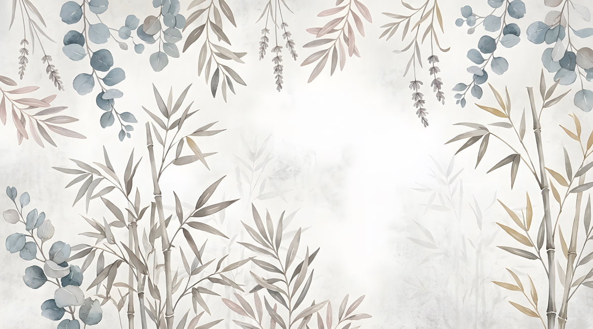 Watercolor mural of bamboo stalks and eucalyptus branches in soft sage, blue, and ochre