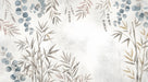 Watercolor mural of bamboo stalks and eucalyptus branches in soft sage, blue, and ochre