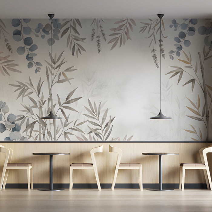 Nature-inspired watercolor mural in a light-filled cafe