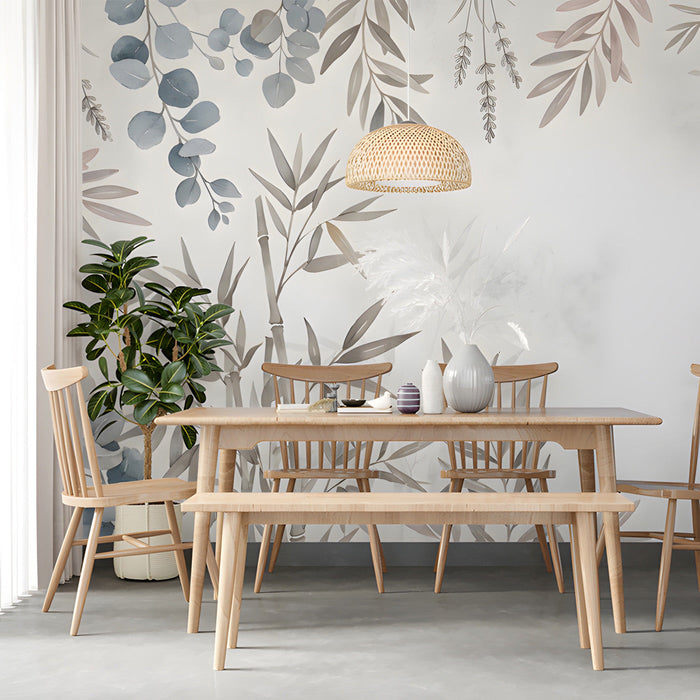 Bamboo and eucalyptus mural featured in a bright, moder dining room