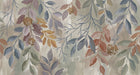 Abstract botanical wallpaper with hand-painted leaves in ochre, slate blue, and dusty rose on a neutral background