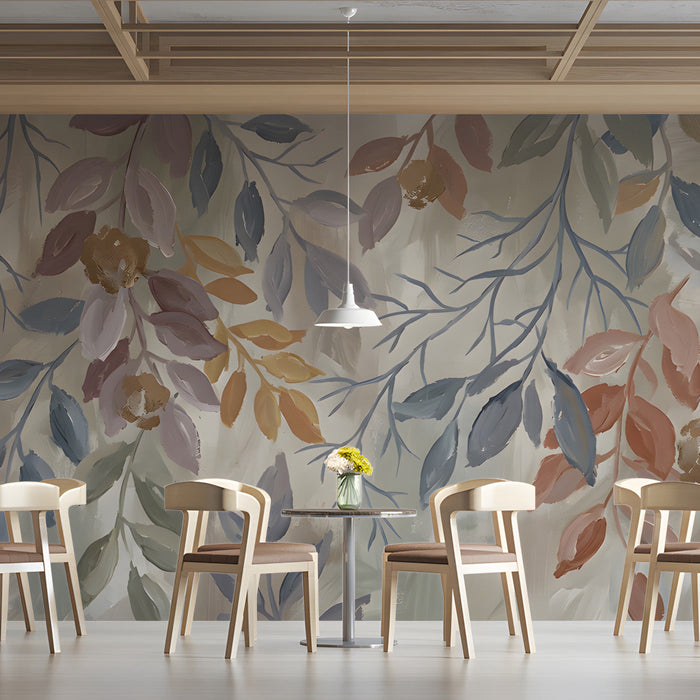 Abstract foliage wall mural decorating a bright, serene cafe space with minimal furniture