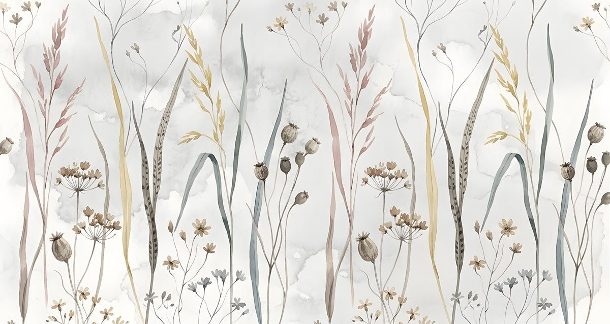 Watercolor botanical mural wallpaper featuring wild grasses, seed heads, and dried flowers in sage and ochre tones.