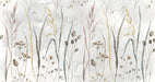Watercolor botanical mural wallpaper featuring wild grasses, seed heads, and dried flowers in sage and ochre tones.