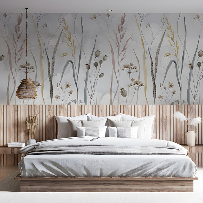 A tranquil bedroom area with botanical meadow wallpaper and soft sunlight filtering through curtains.