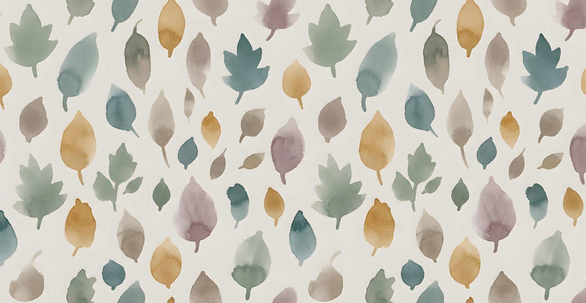 Watercolor autumn leaf pattern mural wallpaper with sage green and golden ochre motifs on an off-white background