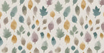 Watercolor autumn leaf pattern mural wallpaper with sage green and golden ochre motifs on an off-white background