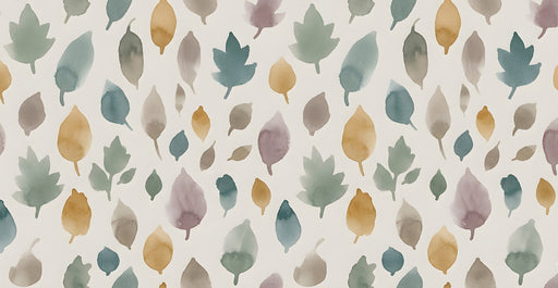 Watercolor autumn leaf pattern mural wallpaper with sage green and golden ochre motifs on an off-white background