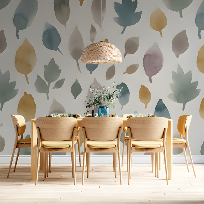 Autumnal leaf wallpaper design in a serene dining room with neutral decor