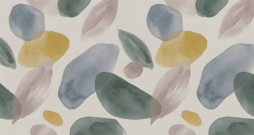 Abstract watercolor mural featuring overlapping organic leaf shapes in sage green, slate blue, and ochre yellow on cream.
