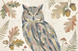 Collage style owl mural with vintage text, sage green, and oak leaf motifs on a cream background.