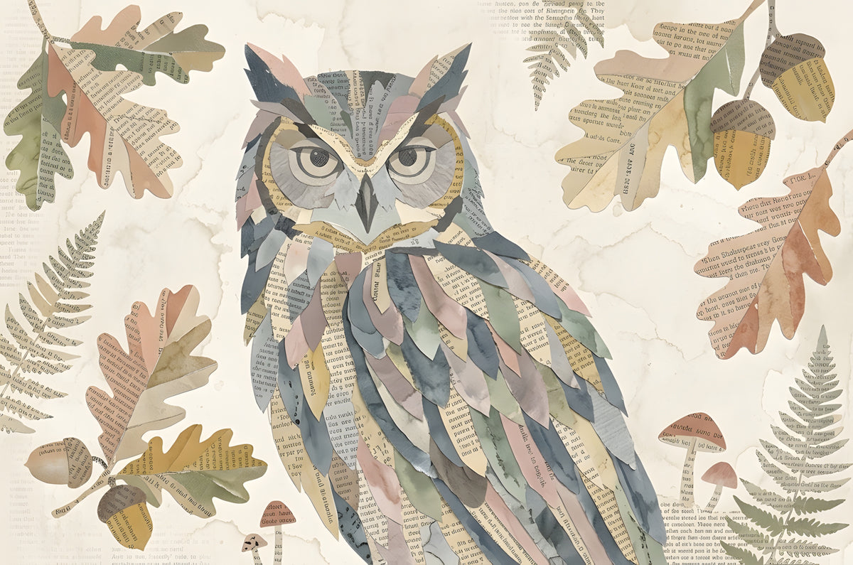 Collage style owl mural with vintage text, sage green, and oak leaf motifs on a cream background.