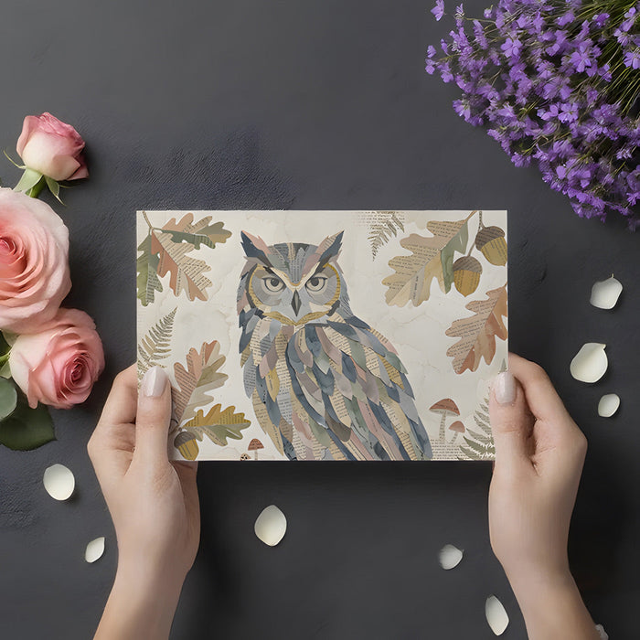 A quiet study room with a decorative nature-themed owl collage mural on the wall.