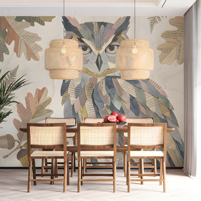 An elegant dining room corner featuring a whimsical forest collage mural with owl and ferns.
