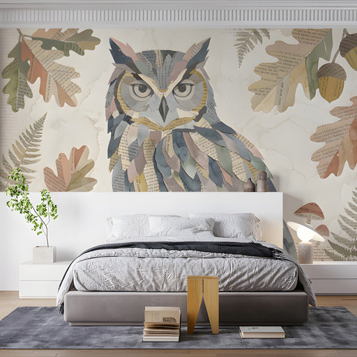 A cozy bedroom featuring a vintage-inspired owl wallpaper mural behind a wooden crib.