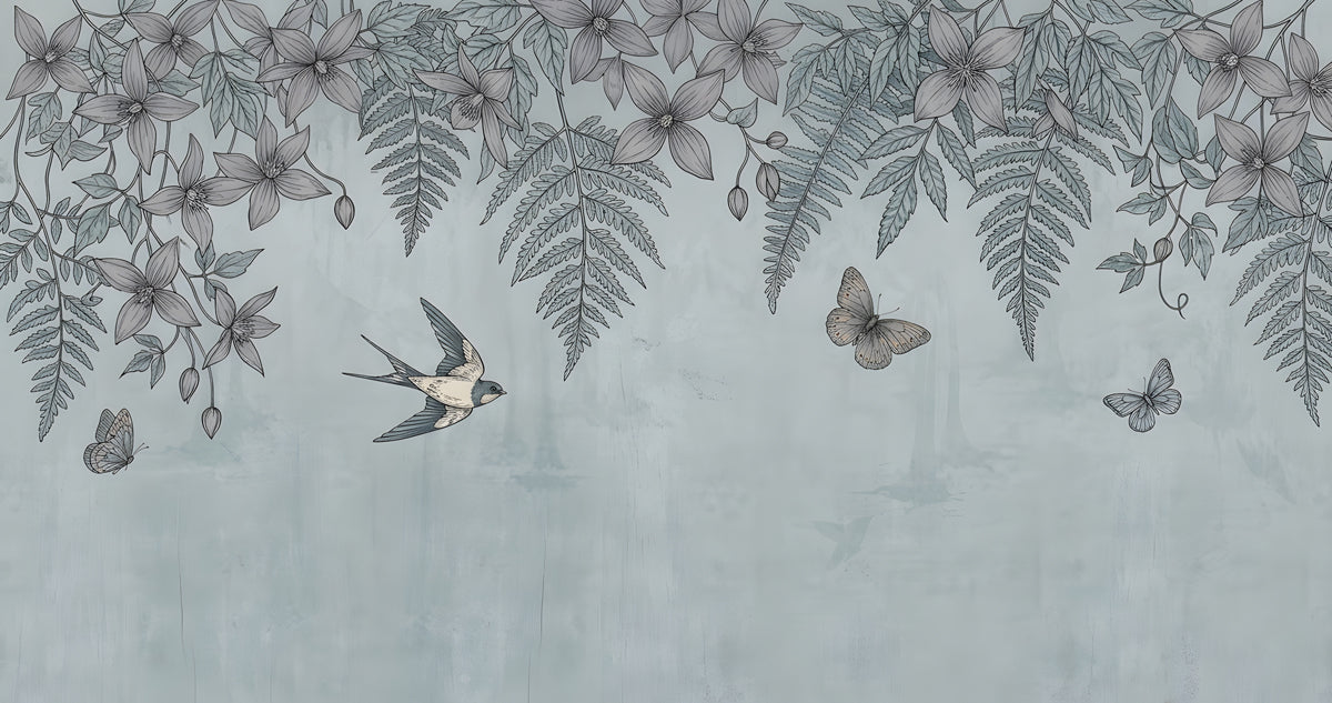 Botanical wallpaper pattern featuring ink-style swallows, butterflies, ferns, and clematis flowers on a misty blue plaster background
