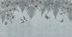 Botanical wallpaper pattern featuring ink-style swallows, butterflies, ferns, and clematis flowers on a misty blue plaster background