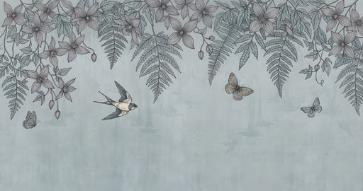 Botanical wallpaper pattern featuring ink-style swallows, butterflies, ferns, and clematis flowers on a misty blue plaster background