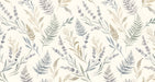 Watercolor botanical wallpaper featuring lavender and fern leaves in soft slate, taupe, and dusty lavender on cream