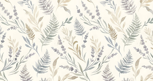 Watercolor botanical wallpaper featuring lavender and fern leaves in soft slate, taupe, and dusty lavender on cream